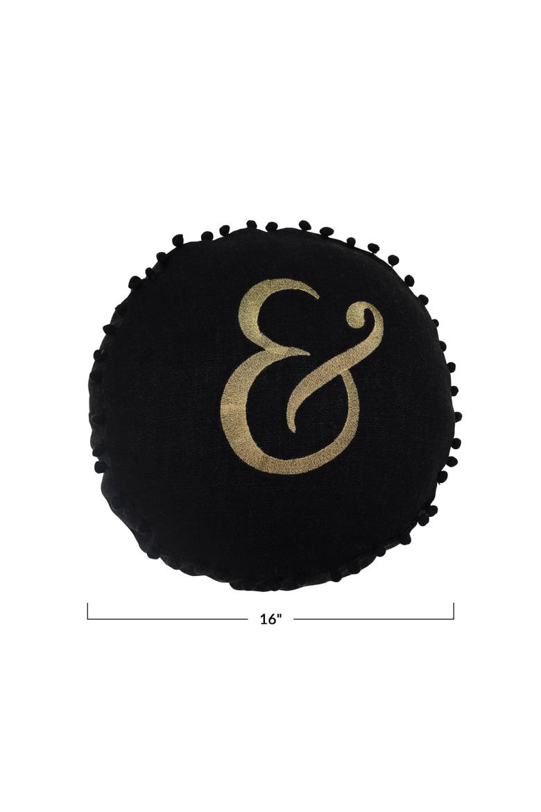 16" Round Embroidered Pillow with Pom Pom Trim "&" Design in Gold Script, Alternate, color, Black