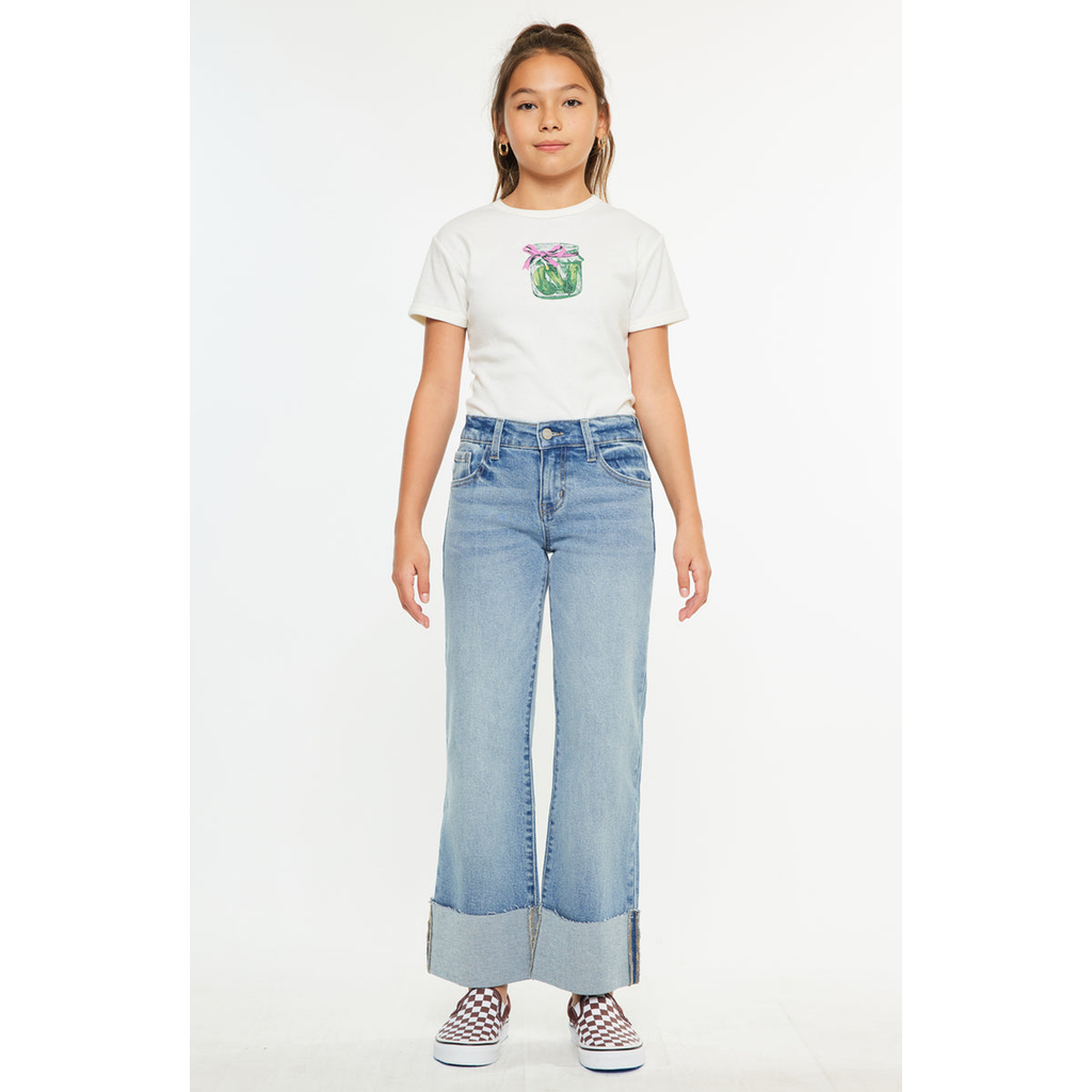 Kancan Emma Mid Rise Kids Wide Flare Leg Jeans In Blue
