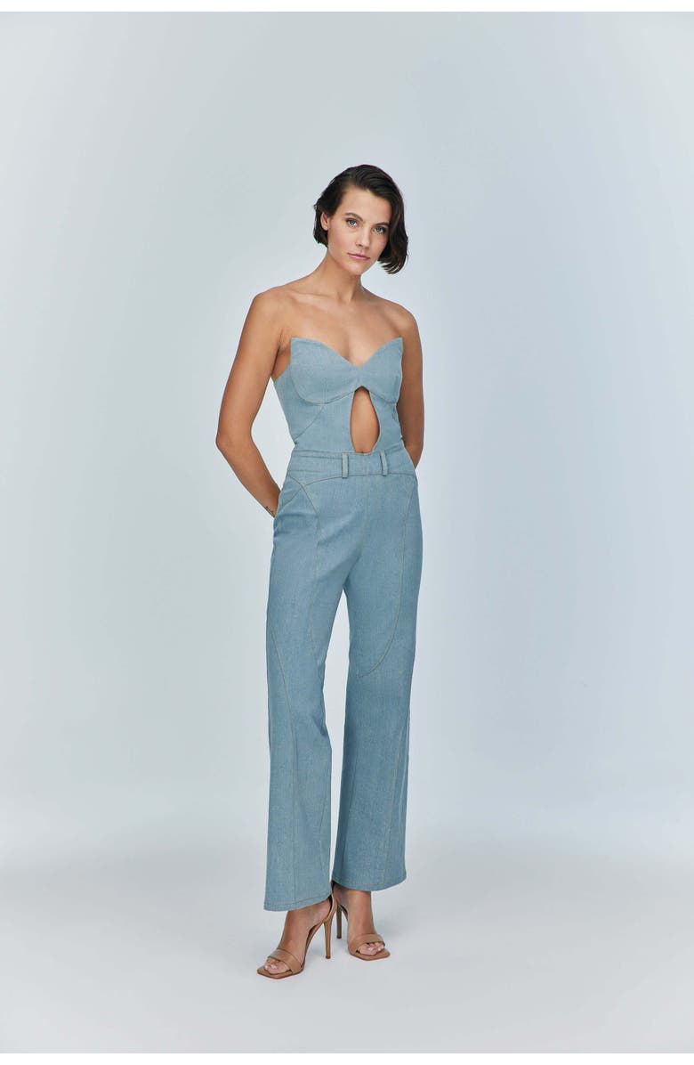 Jendue Women's Marvel Maxi Denim Jumpsuit - Strapless, Cut-Out, Main, color, Deep Blue