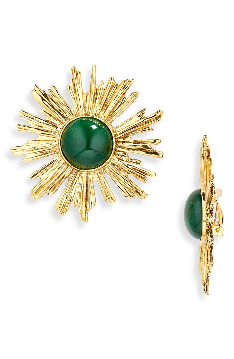 Saint Laurent Sunburst Jade Clip-On Earrings, Main, color, 