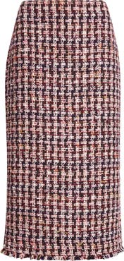 ST. JOHN Fringe Houndstooth Tweed Pencil Skirt