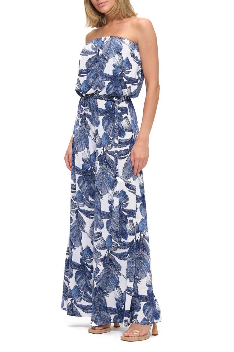 Floral Print Strapless Wide Leg Jumpsuit, Alternate, color, BLUE/ WHITE