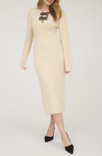 August Sky Long Sleeve Sweater Dress In Neutral