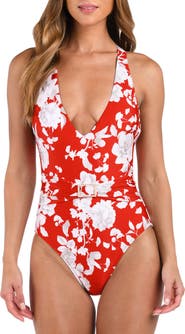 L'AGENCE Lisa Ikebana Belted Floral One-Piece Swimsuit