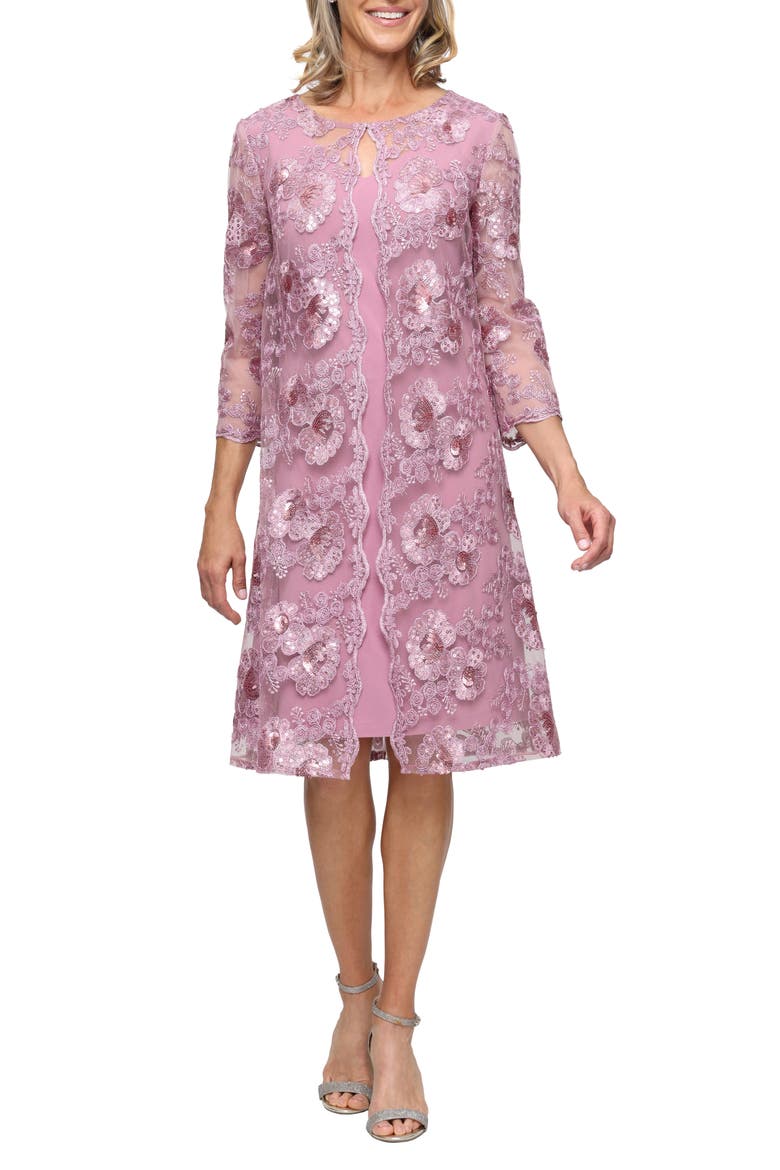 Sequin Floral Embroidery Mock Jacket Cocktail Dress, Main, color, DARK MAUVE