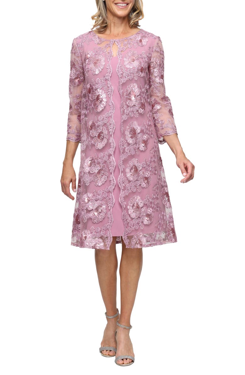 Alex Evenings Sequin Floral Embroidery Mock Jacket Cocktail Dress, Main, color, Dark Mauve