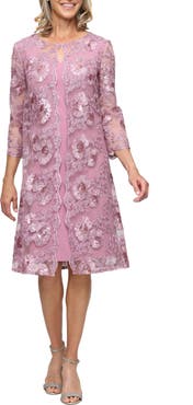 Alex Evenings Sequin Floral Embroidery Mock Jacket Cocktail Dress