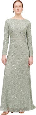 MARYISA Occasion Modest Embellished Sequin Beaded A Line Evening Gown