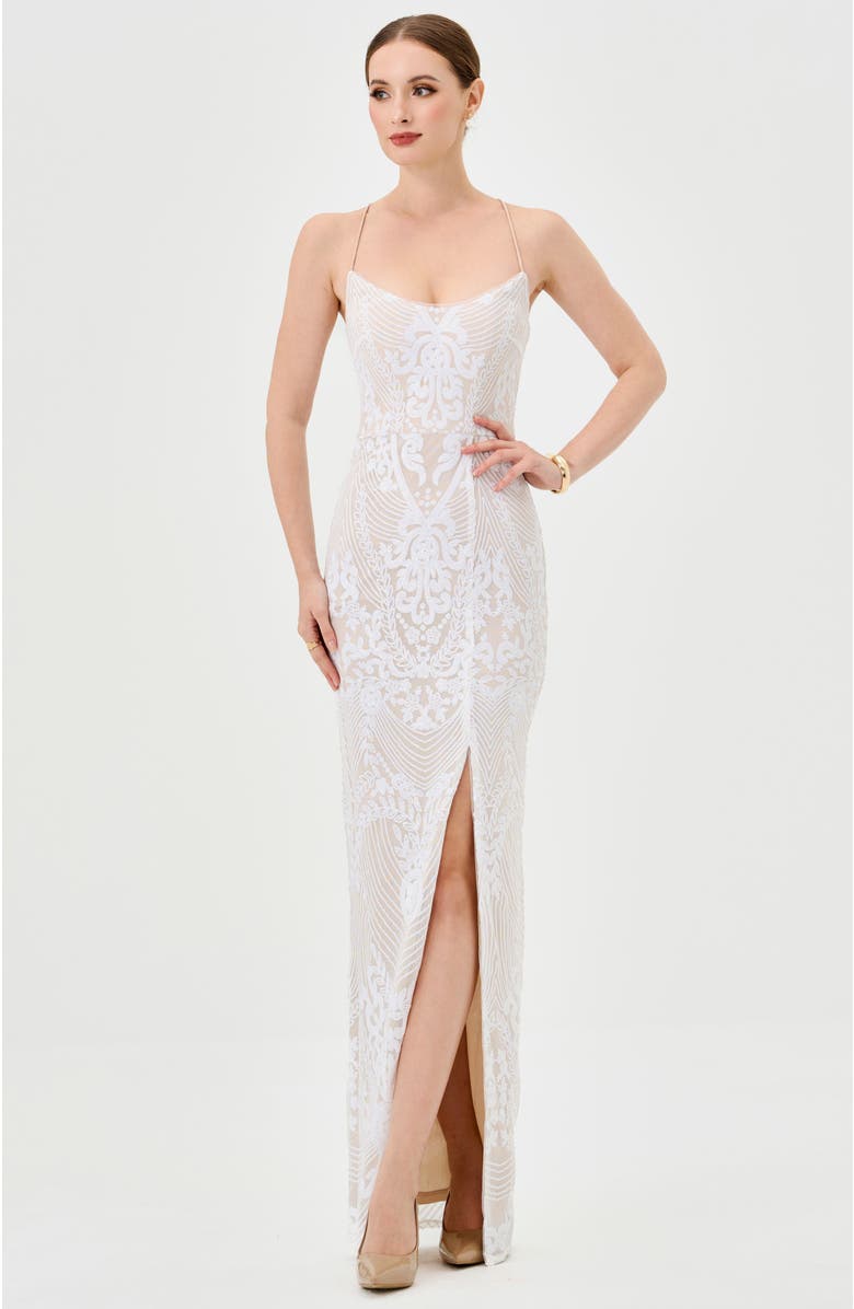 Bariano Sera Strappy Back Sequin Gown, Alternate, color, White/Nude