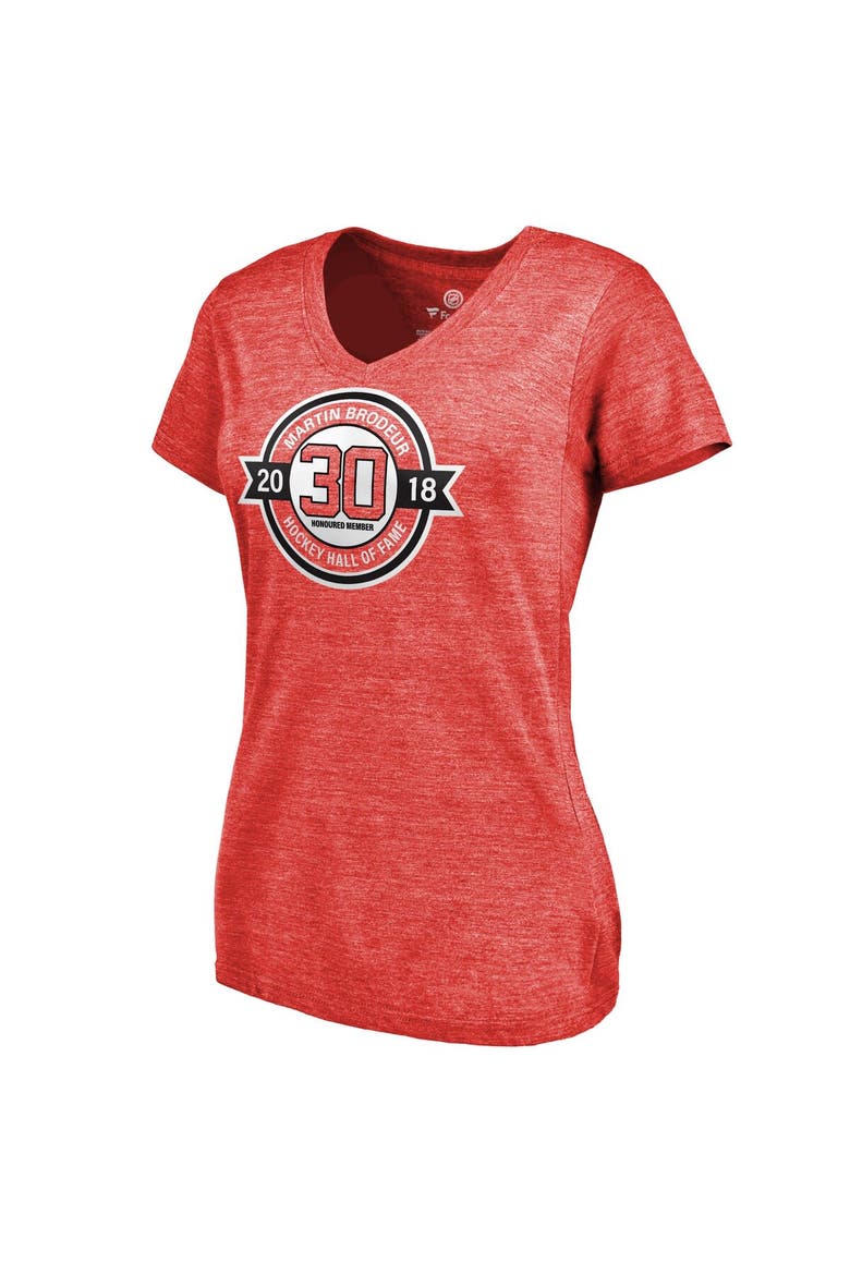 Women's Fanatics Branded Martin Brodeur Red New Jersey Devils Hall of Fame V-Neck Tri-Blend T-Shirt, Alternate, color, Red