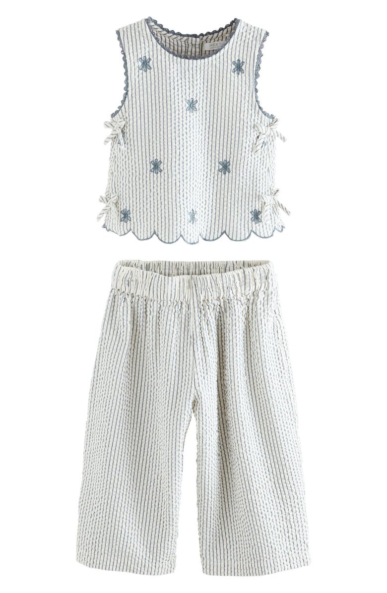 NEXT Kids' Floral Embroidered Sleeveless Cotton Seersucker Top & Pants Set, Main, color, Blue