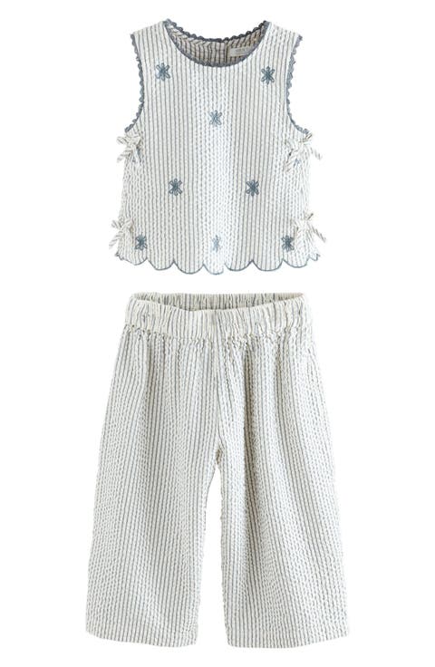 Kids' Floral Embroidered Sleeveless Cotton Seersucker Top & Pants Set (Toddler & Little Kid)