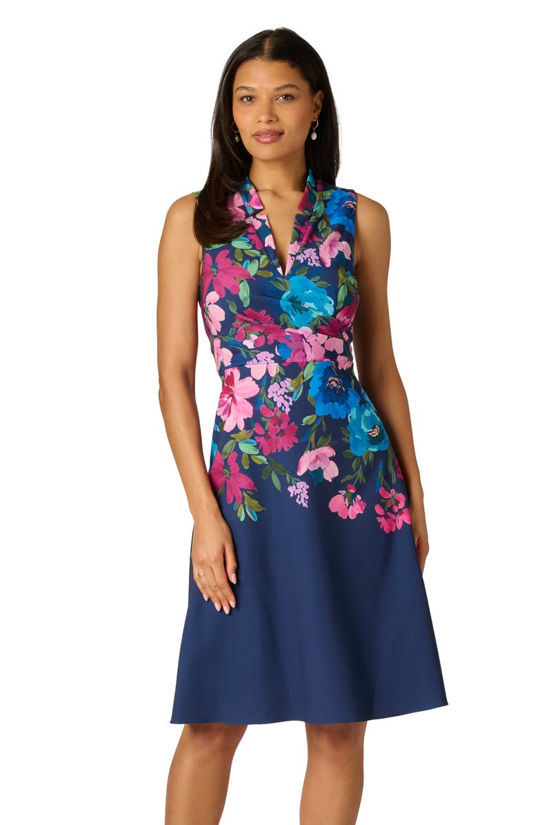 Adrianna Papell Floral V-Neck Twill Dress, Alternate, color, Navy Multi