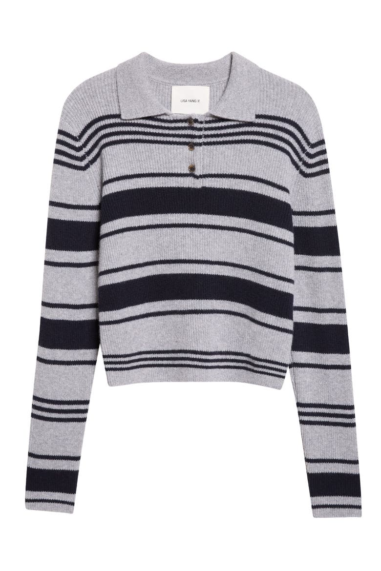 Tinna Stripe Cashmere Rib Polo Sweater, Alternate, color, SANDERLING/ DEEP NAVY STRIPES