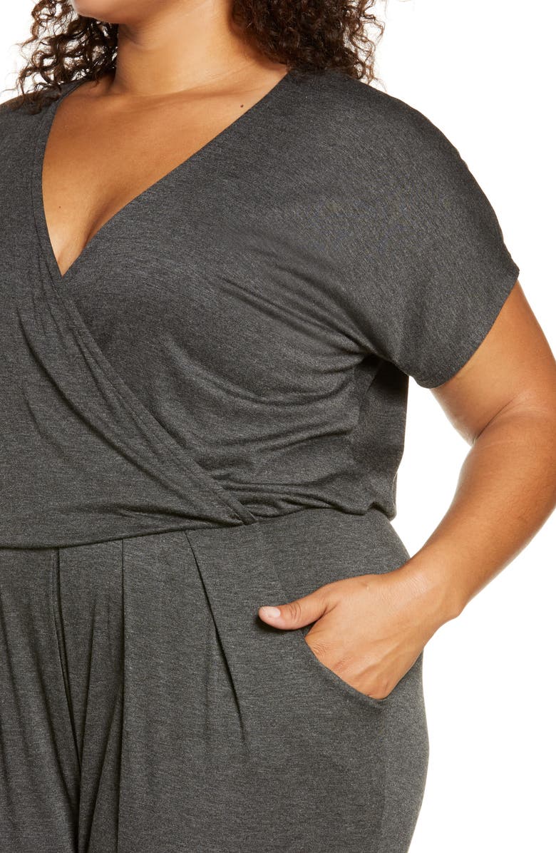 Loveappella Short Sleeve Wrap Top Jumpsuit, Alternate, color, Charcoal