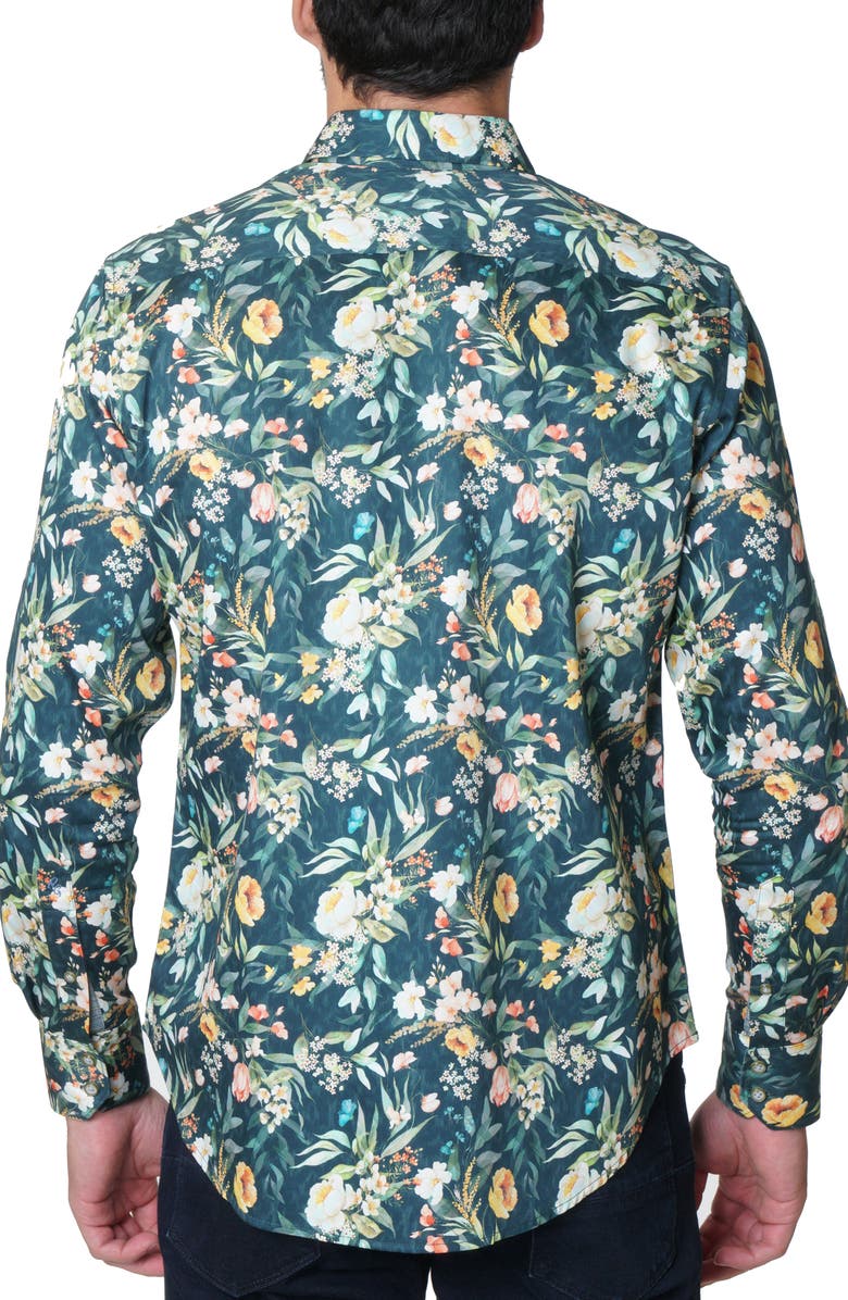 Robert Graham Floral Green Print Cotton Button-Up Shirt, Alternate, color, 