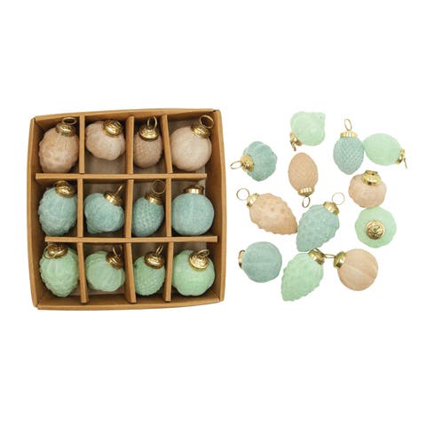 12-Piece Flocked Pastel Glass Ornament Set, Blue, Mint and Peach Color