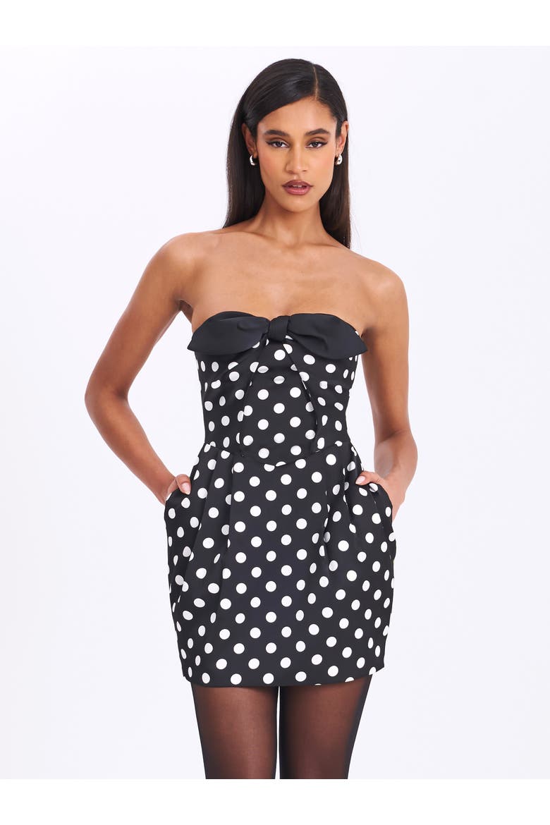 Tahira Polka Strapless Mini Dress with Bow, Alternate, color, Black with polka dots