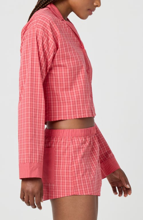 Florence By Mills Micro Plaid Crop Stretch Cotton Button-up Shirt In Pink