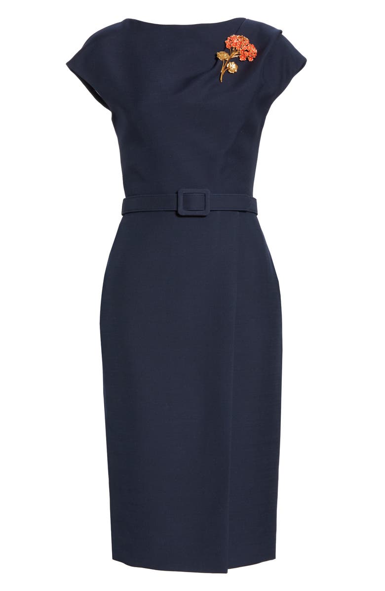 Oscar de la Renta Flower Brooch Belted Wool & Silk Midi Dress, Alternate, color,