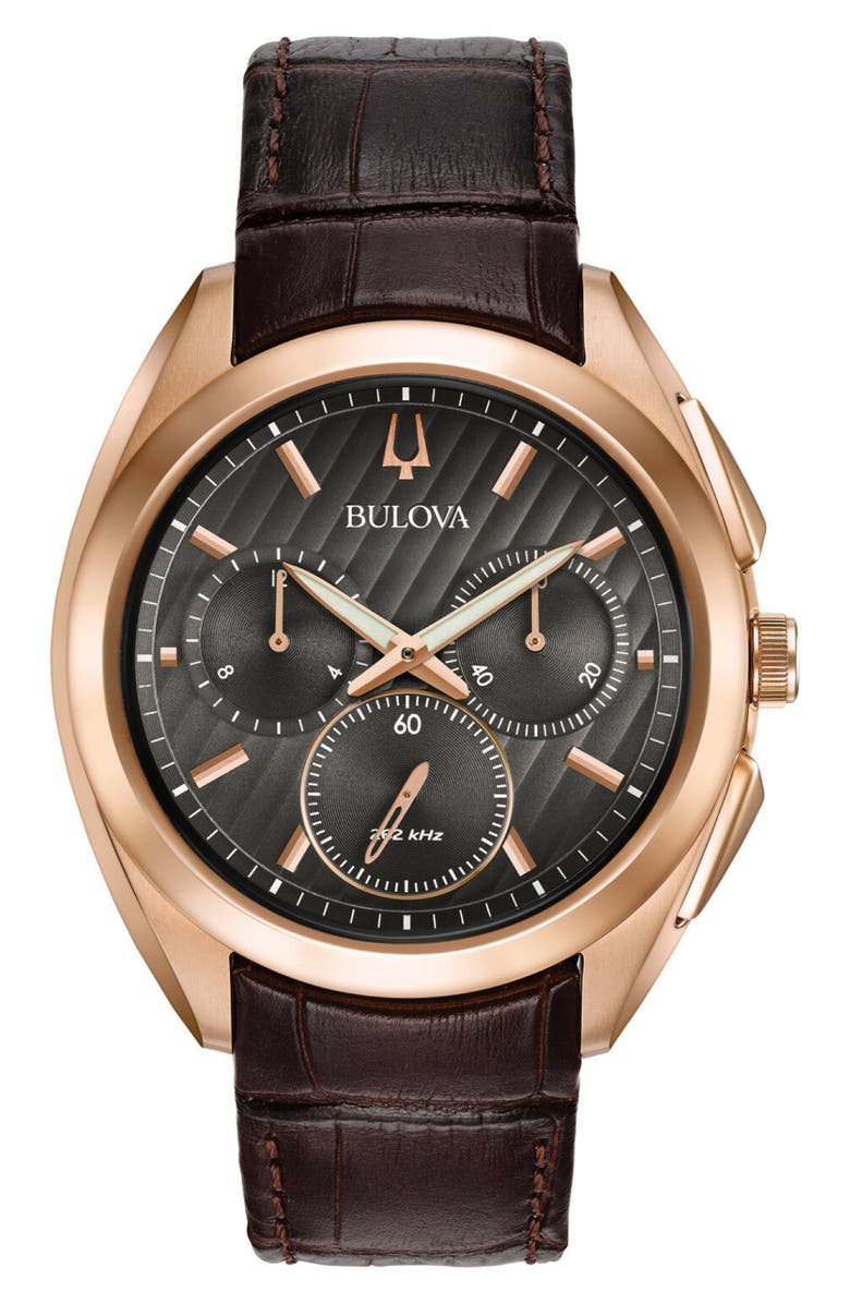 BULOVA Men's CURV Collection Chronograph Quartz Croc Embossed Leather Strap Watch, 45mm, Main, color, 