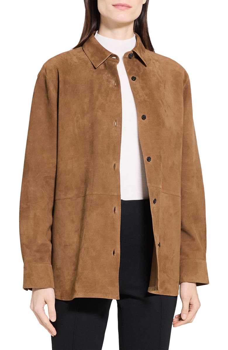 Theory Classic Boxy Fit Suede Shirt Jacket, Alternate, color, Deep Tobacco
