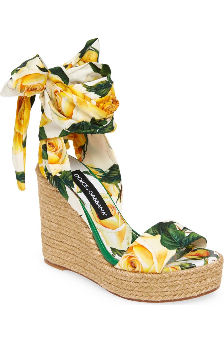 Dolce&Gabbana Floral Print Ankle Tie Wedge Sandal, Main, color, Yellow Multi
