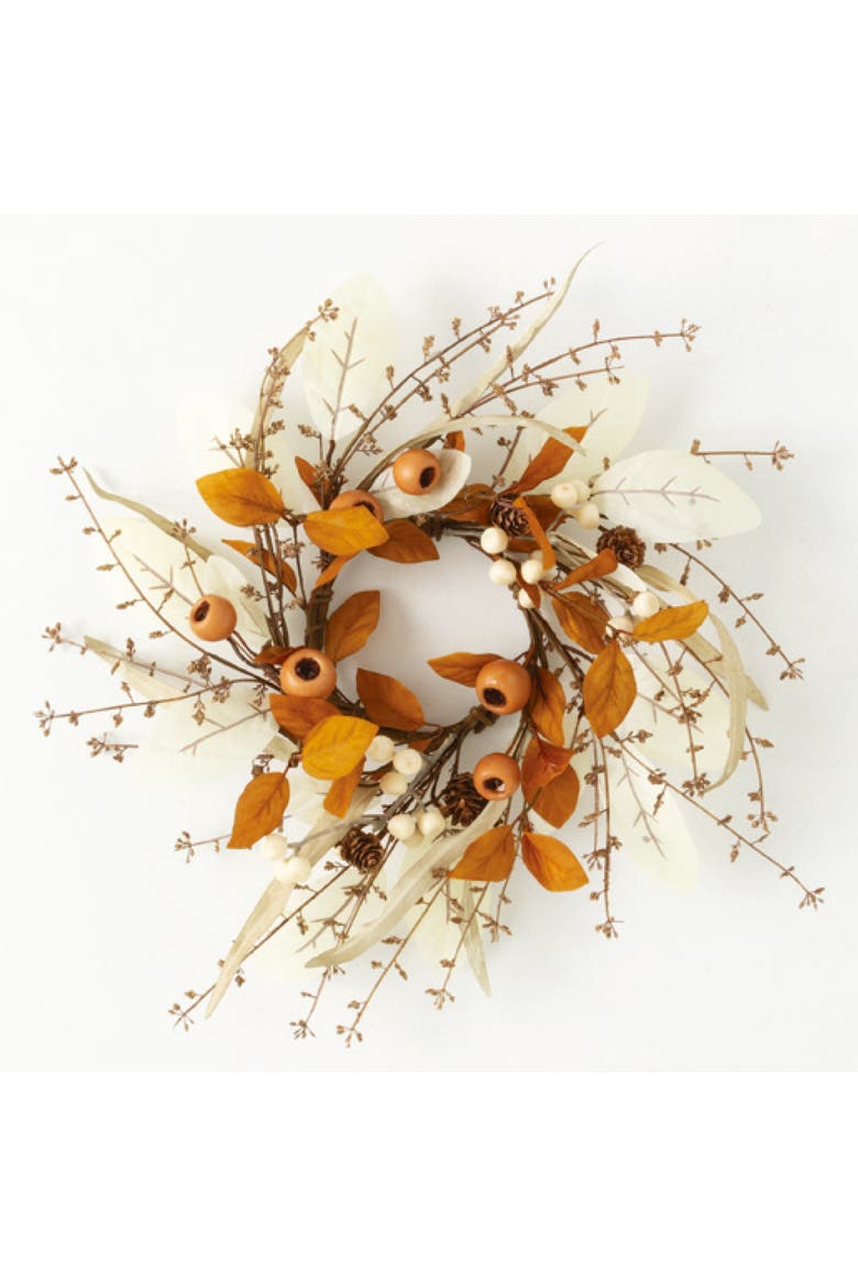 Sullivan's Christmas Mixed Foliage Candle Ring, Orange Faux Floral Decor for Crafting, Weddings, Home and Holiday Decoration, 14.5 Inch, Main, color, Orange