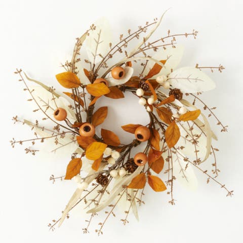 Sullivan's Christmas Mixed Foliage Candle Ring, Orange Faux Floral Decor for Crafting, Weddings, Home and Holiday Decoration, 14.5 Inch