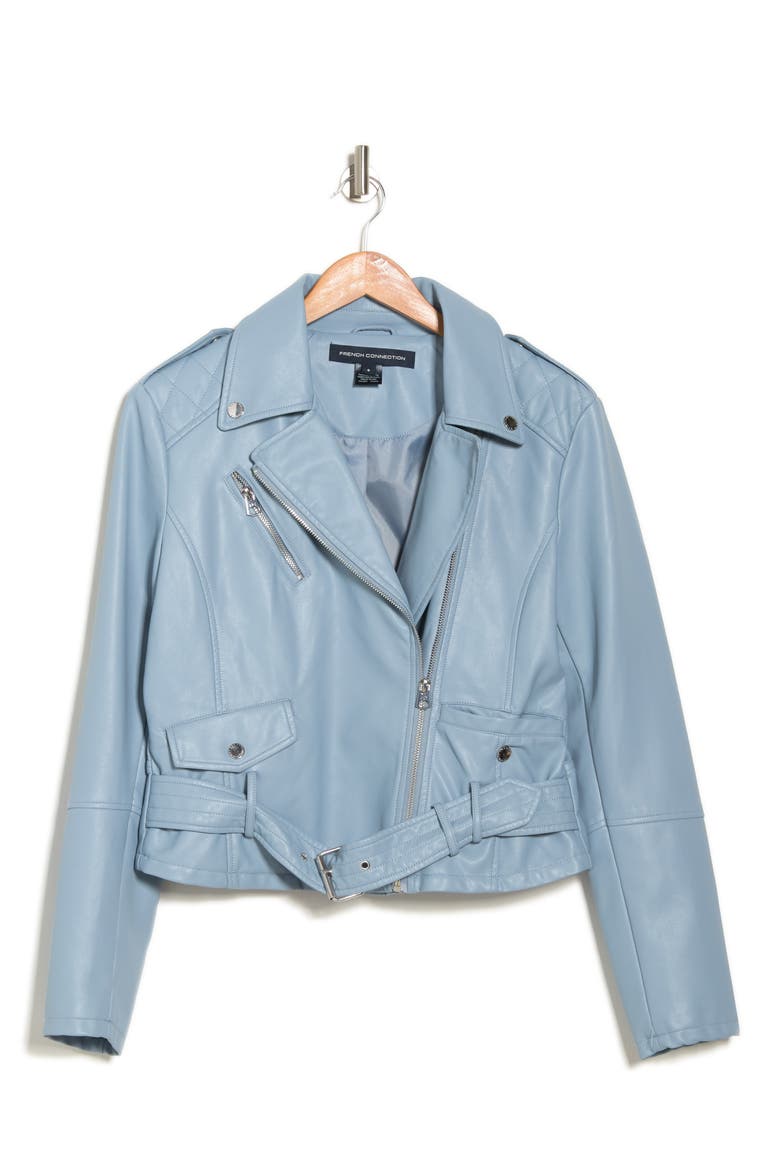 Faux Leather Belted Crop Moto Jacket, Alternate, color, SUMMER SKY