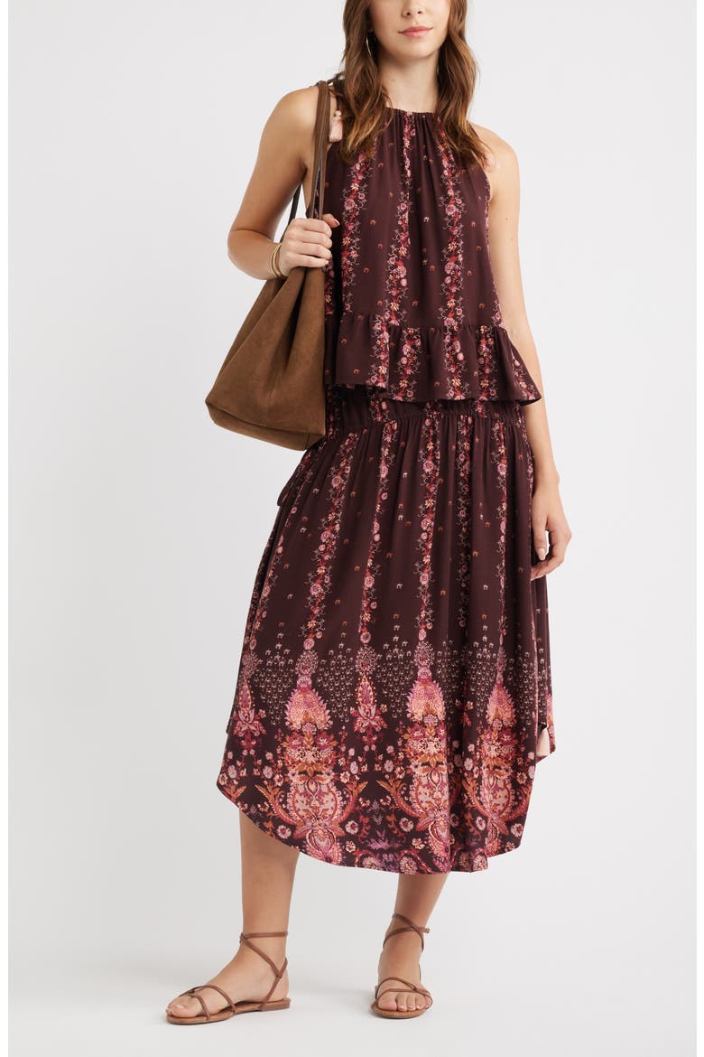 Scarf Print Drop Waist Midi Skirt, Alternate, color, BURGUNDY BLOSSOM BORDER