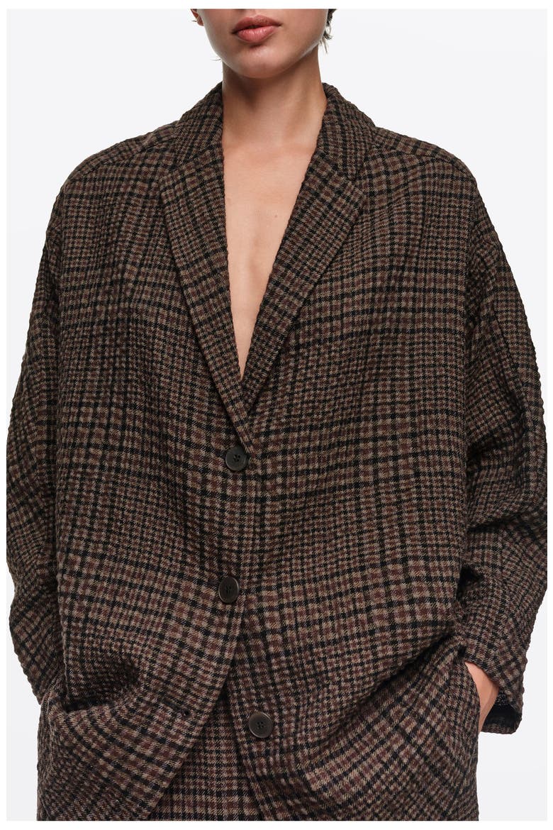 Checked Wool Blend Straight Blazer, Alternate, color, BROWN