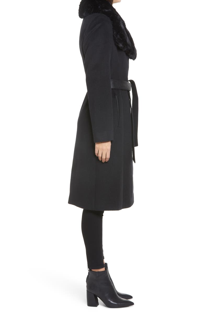 Via Spiga Faux Fur Trim Belted Wool Blend Coat, Alternate, color, 