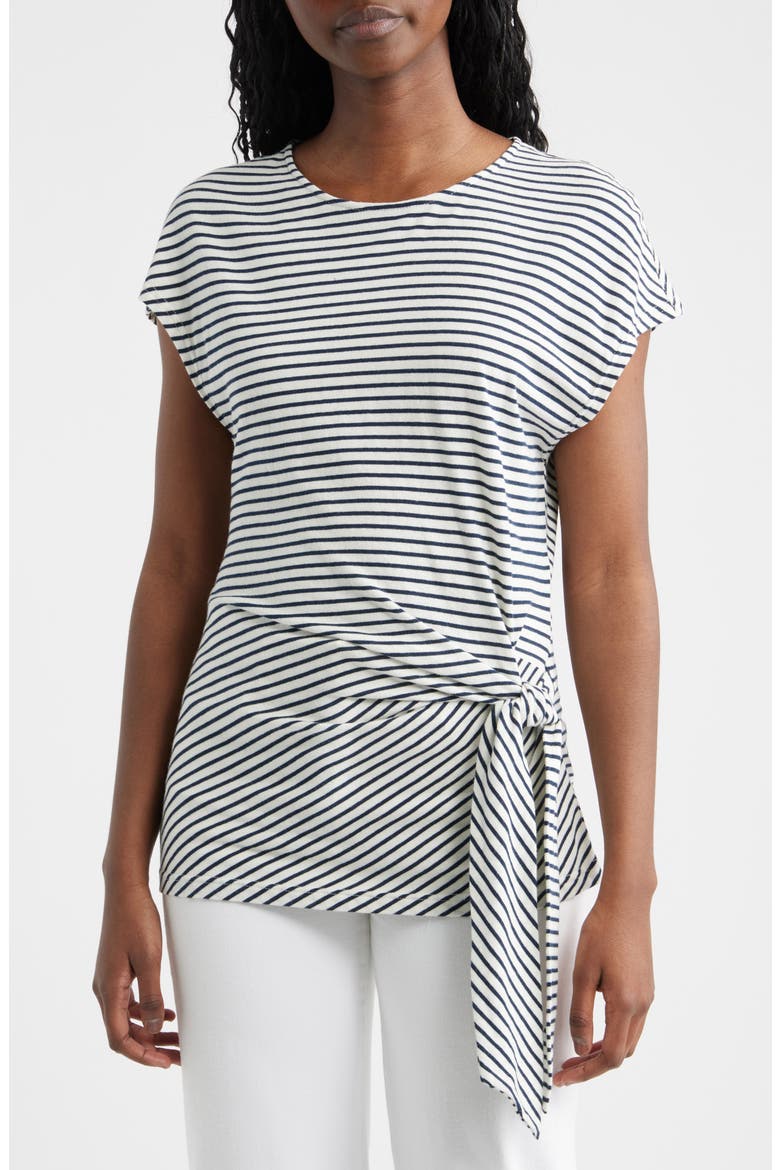 Gabbie Tie Waist Top, Main, color, IVORY NAVY MICRO STRIPE