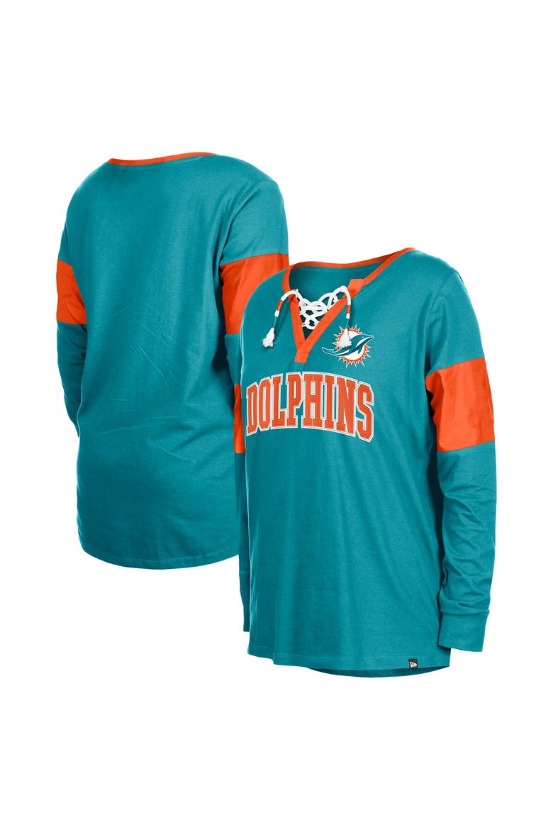 Women's New Era Aqua Miami Dolphins Lace-Up Notch-Neck Long Sleeve T-Shirt, Main, color, Aqua