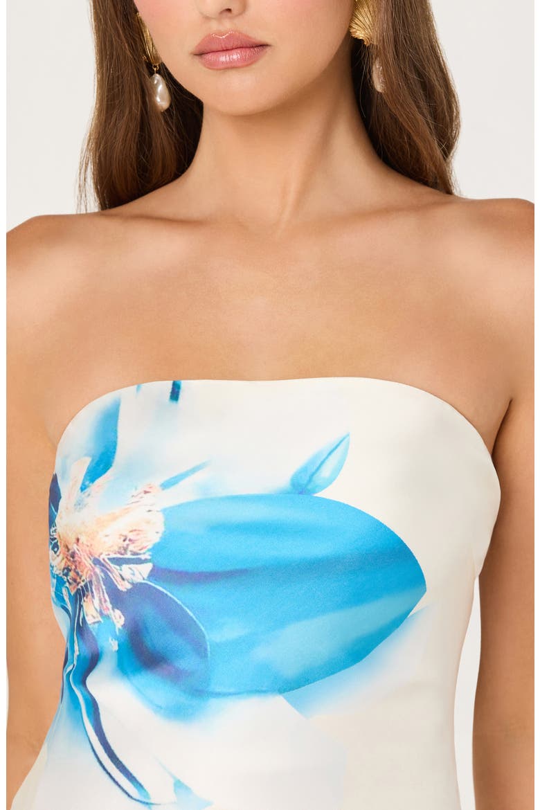 Annabeth Floral Satin Strapless Maxi Dress, Alternate, color, WHITE/ BLUE FLORAL