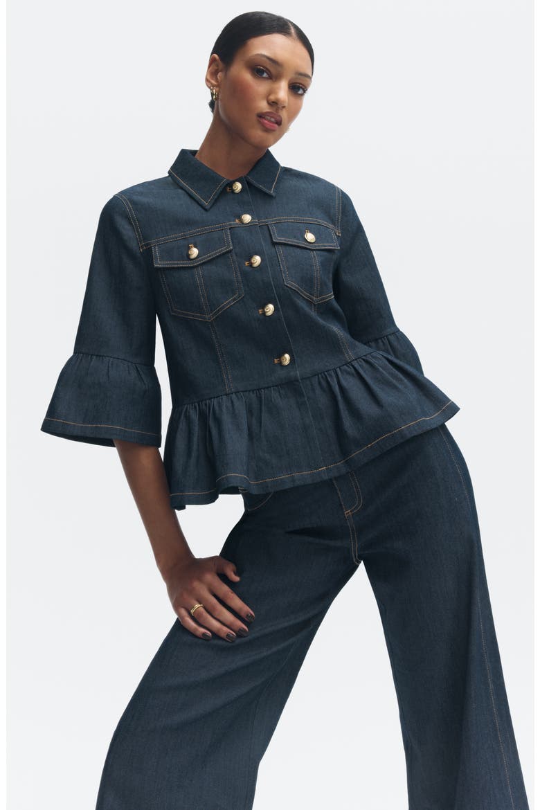 Mandie Denim Peplum Shirt Jacket, Alternate, color, INDIGO