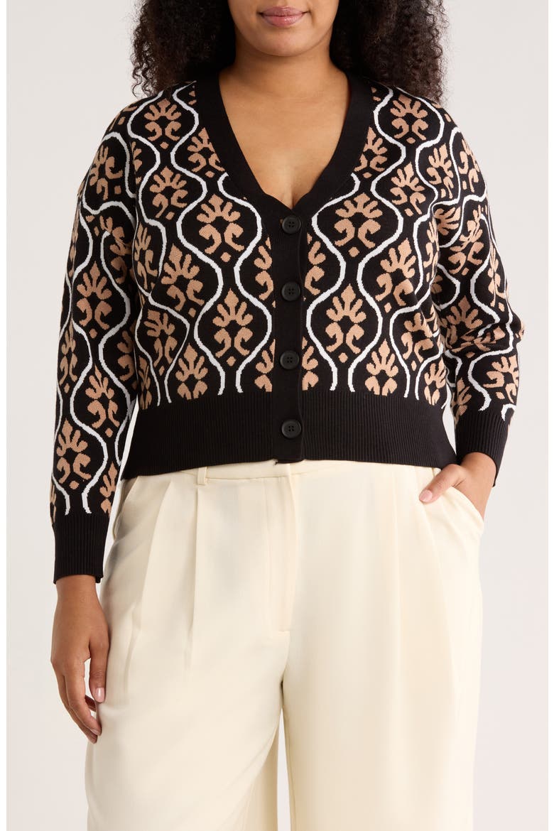 V-Neck Double Knit Cardigan, Main, color, BLACK/ CAMEL/ WHITE