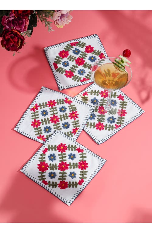 Tiramisu Verdant Bloom Hand-embroidered Cocktail Napkins In White Multi