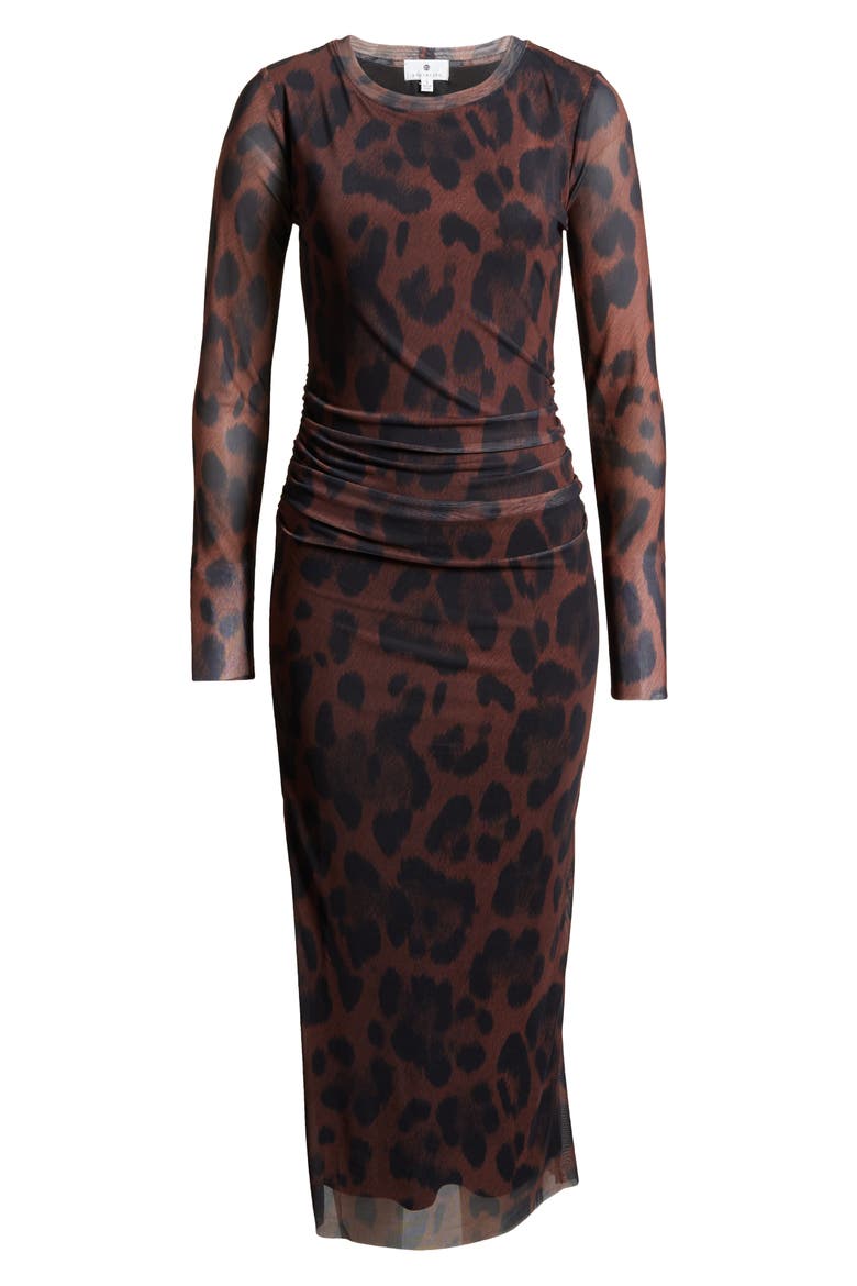 Ruched Long Sleeve Mesh Midi Dress, Alternate, color, TAN BOLD ANIMAL