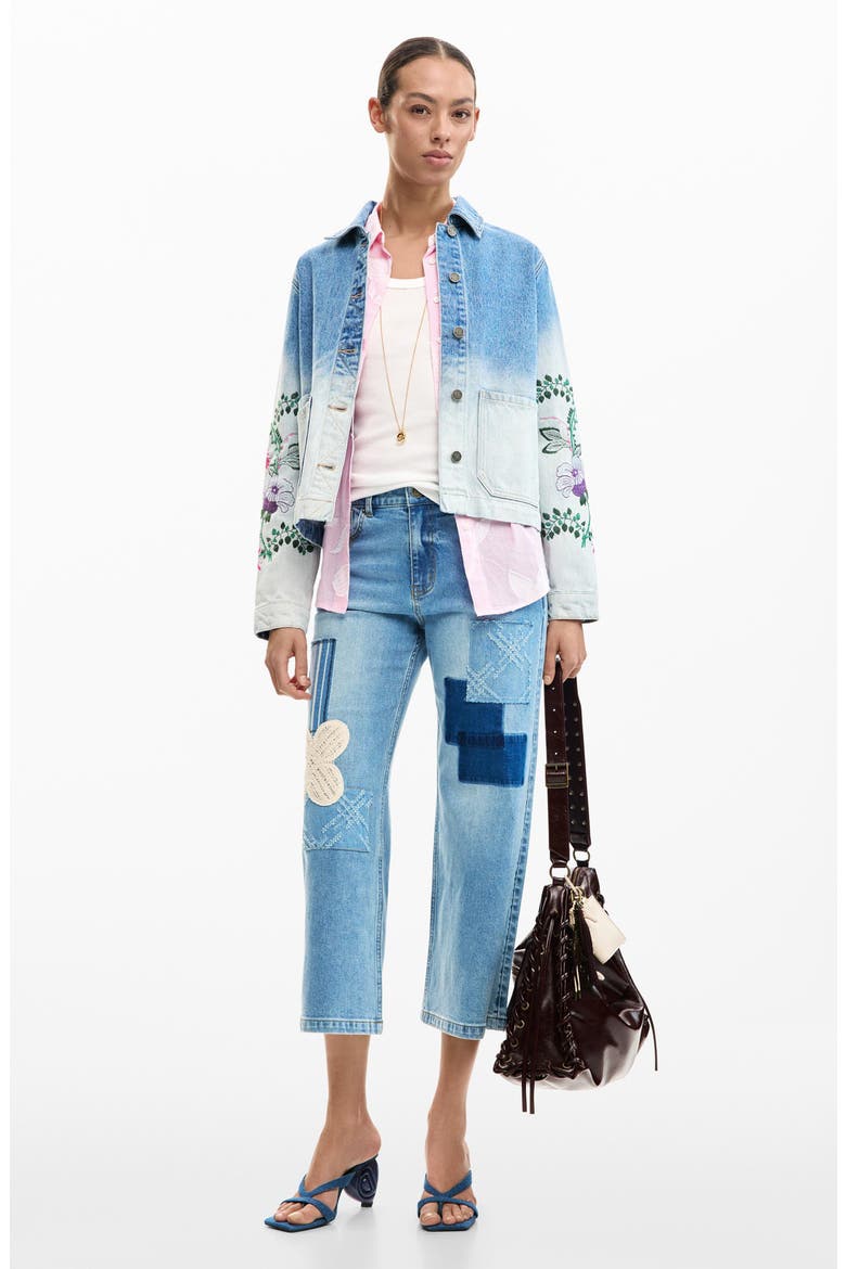 Floral Embroidered Denim Trucker Jacket, Alternate, color, MEDIUM BLUE