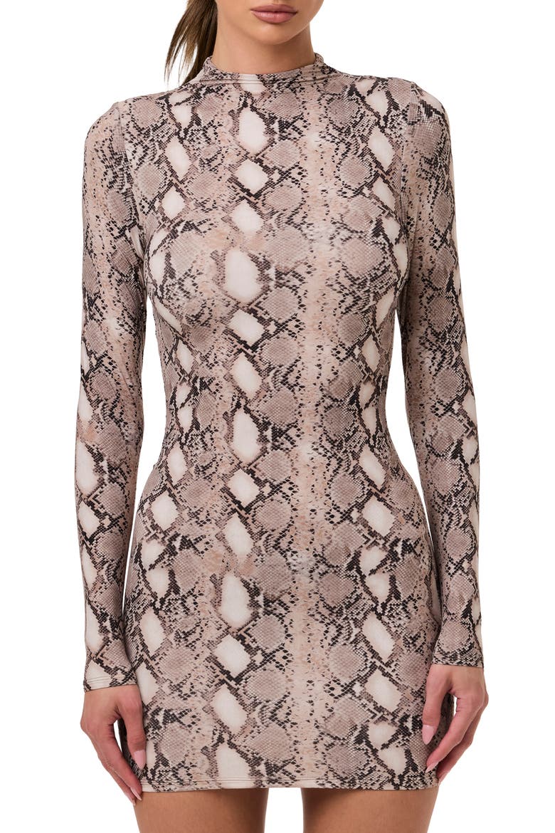 Print Long Sleeve Body-Con Minidress, Alternate, color, NUDE SNAKESKIN