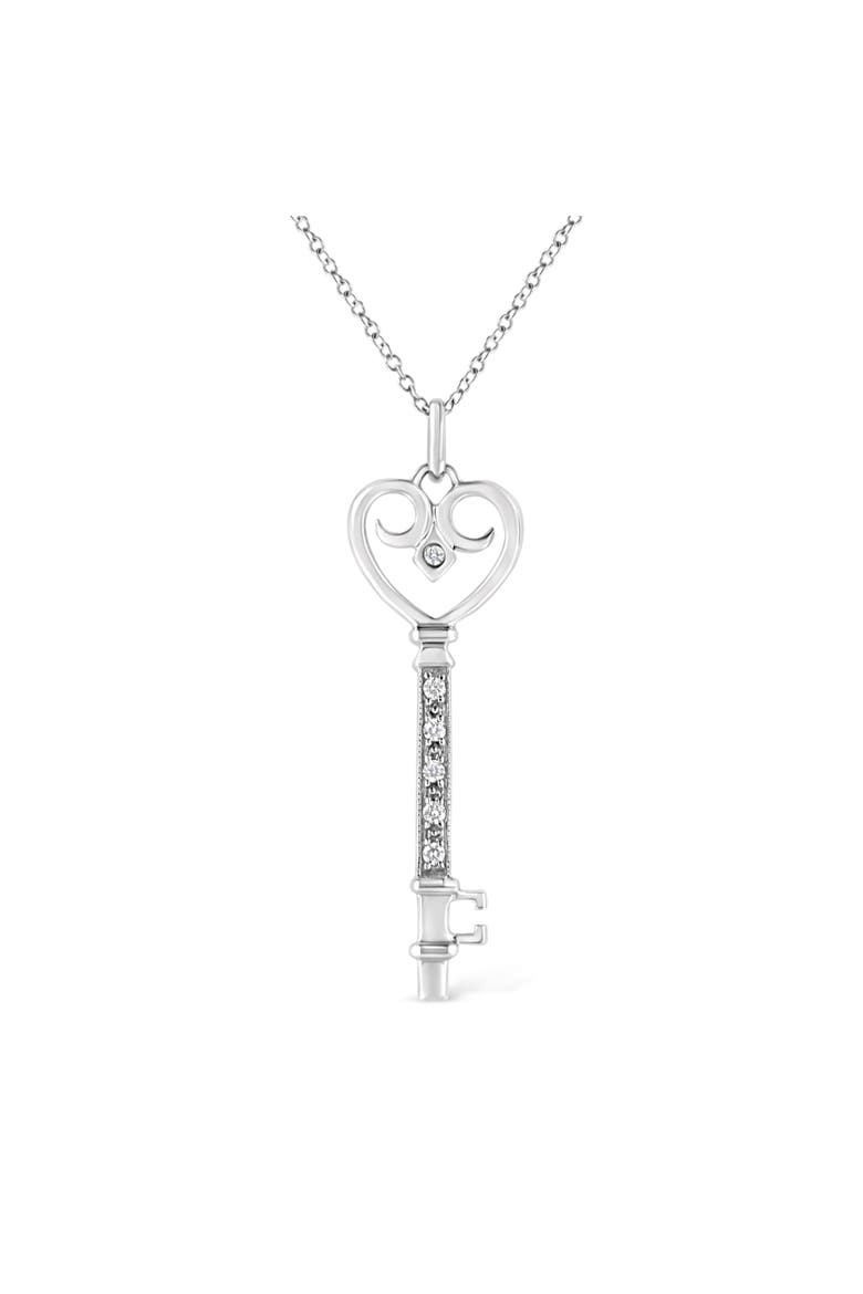 Silver Pave and Bezel-Set Diamond Accent Key Heart and Lock Pendant Necklace, Main, color, White