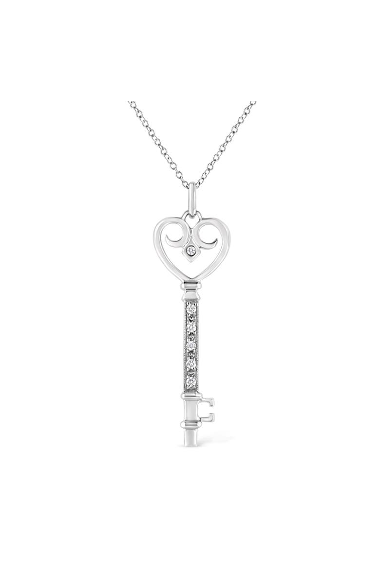 Haus of Brilliance Silver Pave and Bezel-Set Diamond Accent Key Heart and Lock Pendant Necklace, Main, color, White