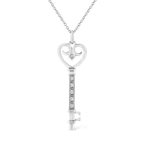 Silver Pave and Bezel-Set Diamond Accent Key Heart and Lock Pendant Necklace