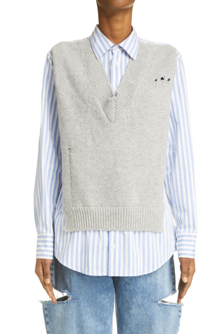Hybrid Wool Sweater Vest & Cotton Poplin Button-Up Shirt, Main, color, STRIPE WHITE AND SKY