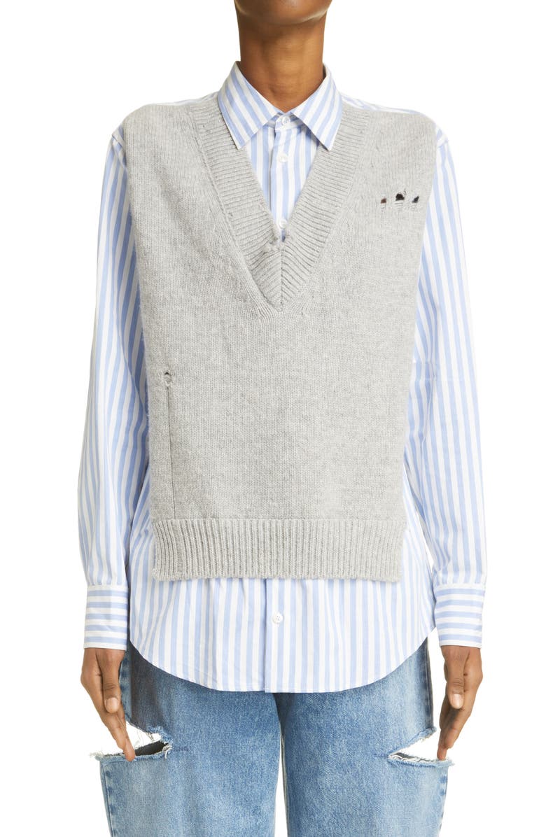 Maison Margiela Hybrid Wool Sweater Vest & Cotton Poplin Button-Up Shirt, Main, color, 