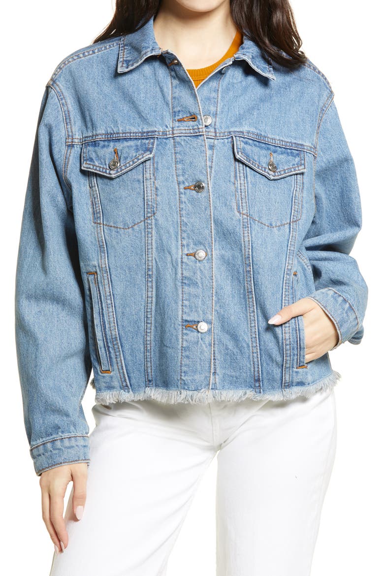 Oversize Raw Hem Denim Jacket, Alternate, color, MID DENIM