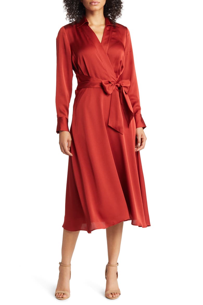 Tie Front Long Sleeve V-Neck Satin Shirtdress, Main, color, PAPRIKA