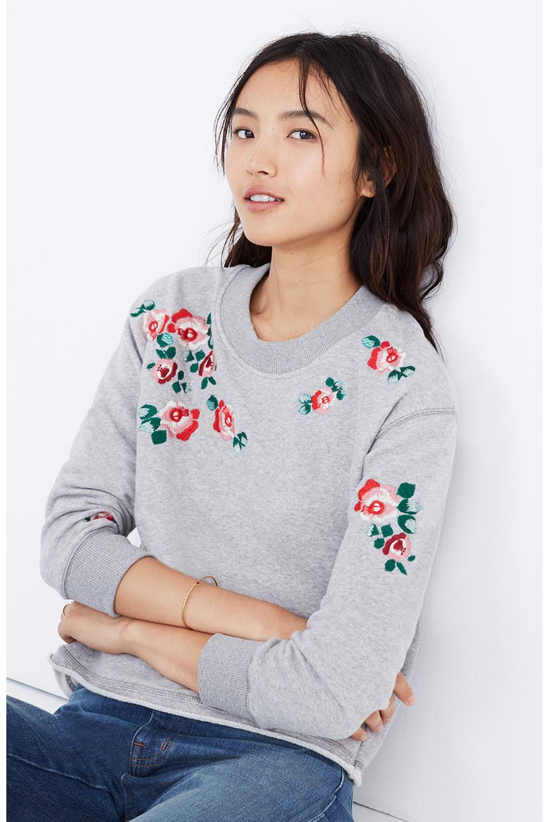 Embroidered Crop Sweatshirt, Alternate, color, HEATHER SMOKE